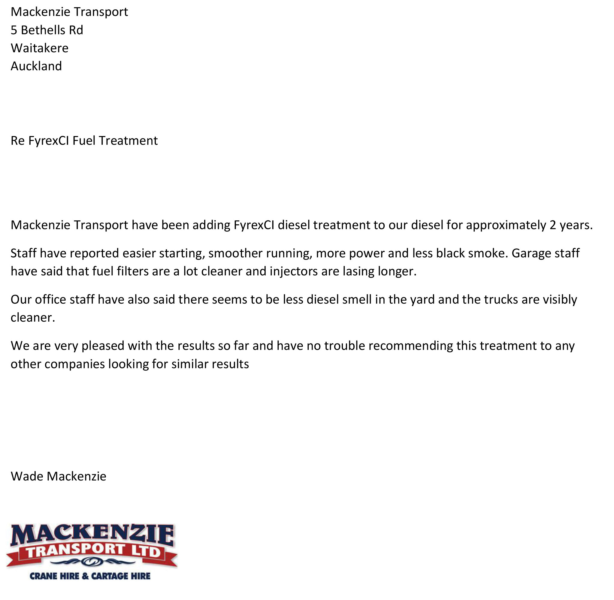 testimonial from mckenzie transport